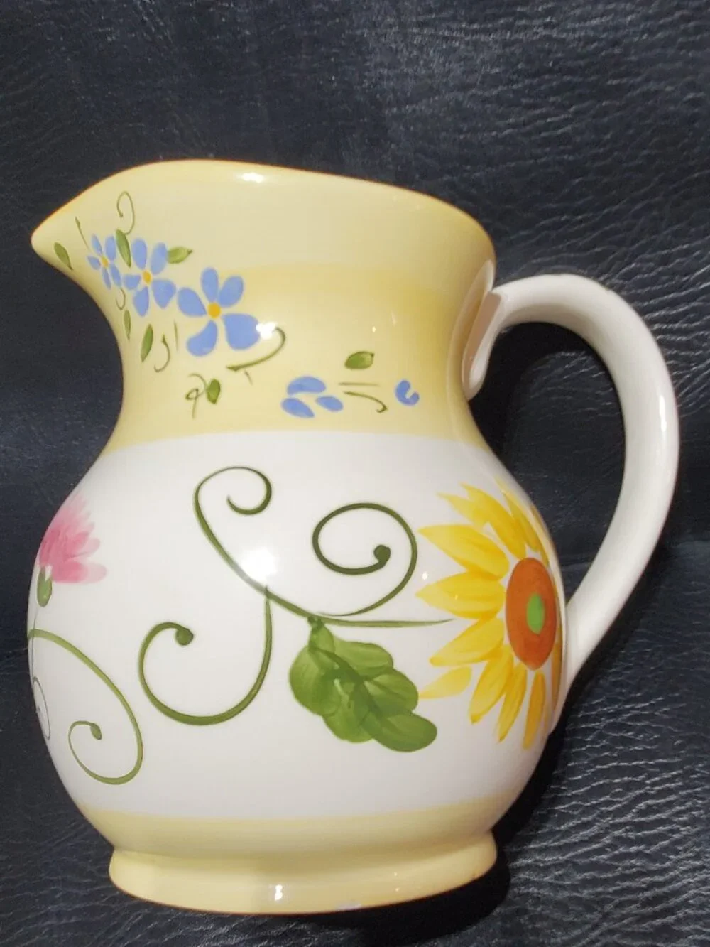 🌻 Hand-Painted Sunflower & Floral Ceramic Farmhouse Cottage Pitcher